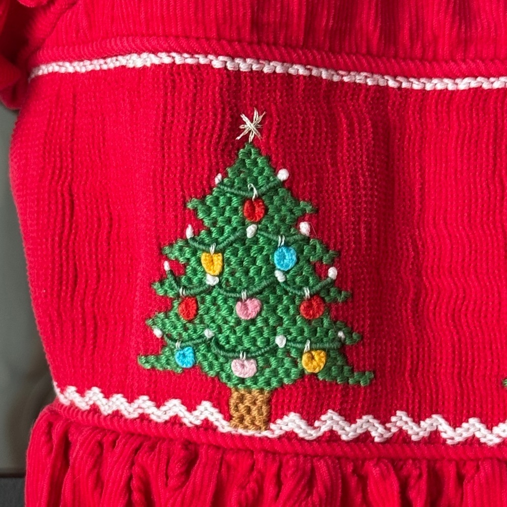 Anavini Christmas trees smocked dress bow corduroy puff sleeve toddler collar - Picture 3 of 5